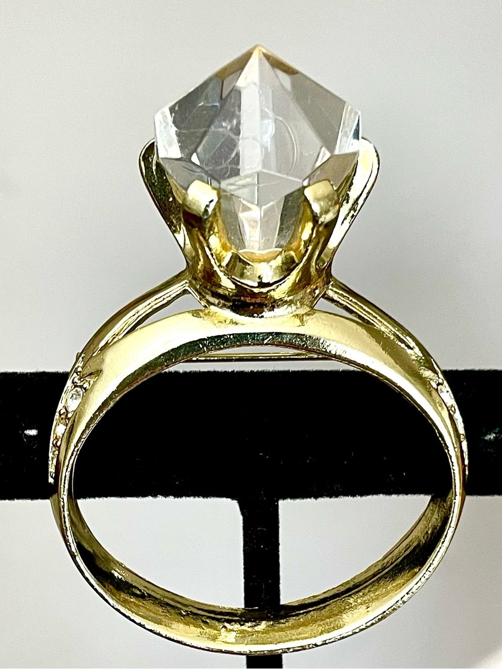 Vintage Faux Diamond Engagement Ring Brooch Pin Gold Tone Bridal Statement Glam